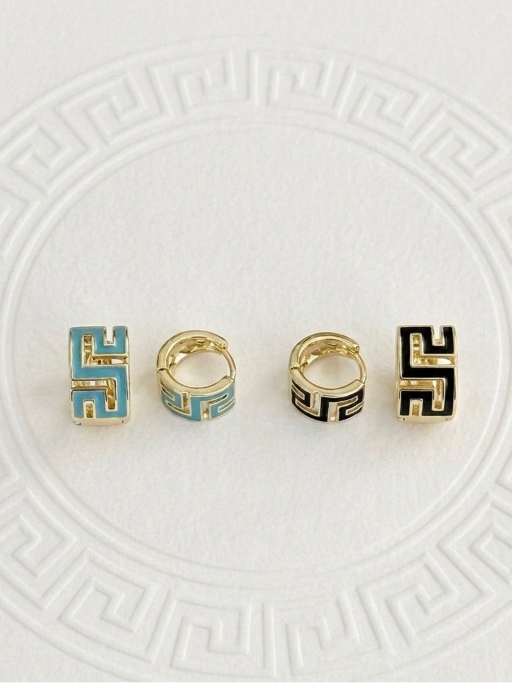 14K Gold Plated Black Enamel Greek Key Huggie Hoop Earrings | Meander Design - Picture 7 of 10